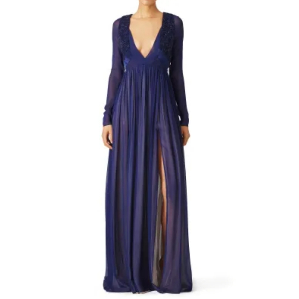 Navy Blue Deep V-Neck Maxi Dress with Long Sleeves